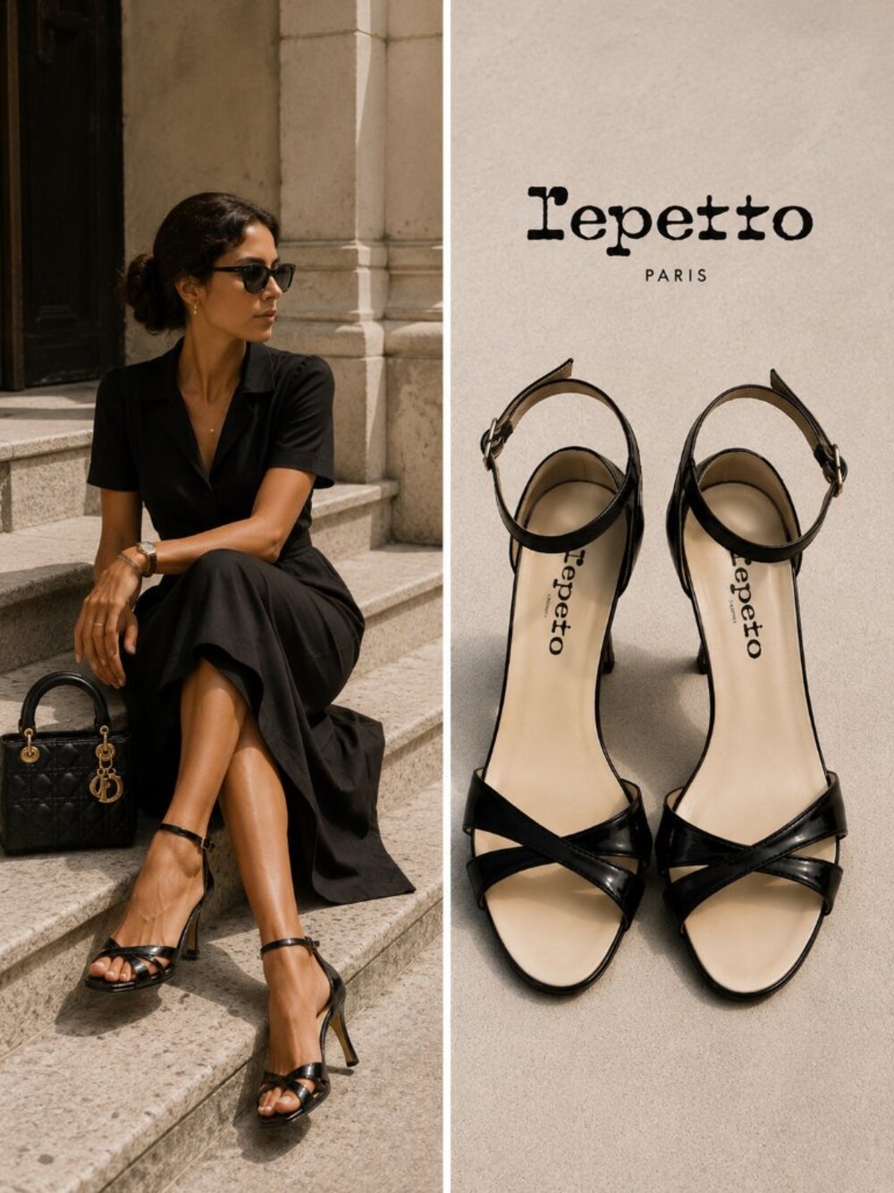 Repetto Paris Black Patent Leather Ankle Strap Sandals Heels EU 40 US 9 France